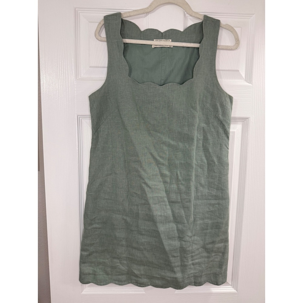 Abercrombie & Fitch Premium Linen Mini Dress Size Medium Green Scallop Hem - Picture 2 of 7